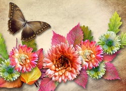 Grafika, Kwiaty, Liście, Motyl