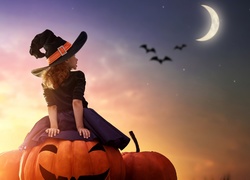 Halloween, Dziewczynka, Dynia, Nietoperze, Księżyc