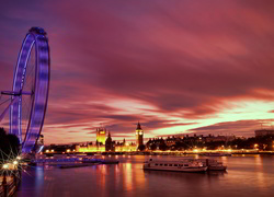 Londyn, London Eye, Rzeka, Wieczór, Światła
