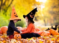 Jesień, Park, Dzieci, Czapki, Dynie, Halloween, Liście