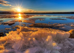 Zima, Promienie, Słońca, Jezioro, Lód
