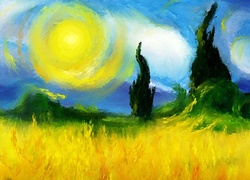 Malarstwo, Obraz, Słońce, Pole, Drzewa