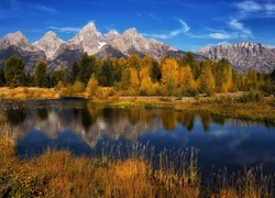 Jesień, Rzeka, Snake River, Góry, Teton Range, Las, Drzewa, Park Narodowy Grand Teton, Wyoming, Stany Zjednoczone