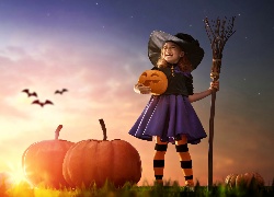Halloween, Dziewczynka, Dynie, Nietoperze, Miotła