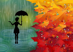Liście, Deszcz, Jesień, Dziewczyna, Grafika