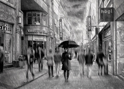 Ludzie, Deszcz, Sklepy, Ulica