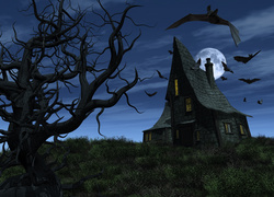 Halloween, Domek, Nietoperze, Drzewo, Księżyc