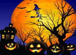 Halloween, Wiedźma, Księżyc, Dynie, Grafika