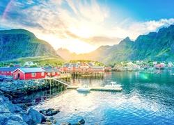 Góry, Jezioro, Wschód słońca, Budynki, Łodzie, Norwegia