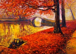 Jesień, Most, Drzewa, Obraz