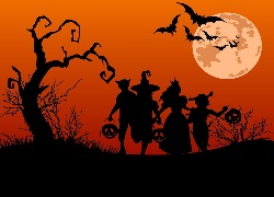 Halloween, Drzewo, Postacie, Dynie, Księżyc, Nietoperze