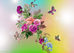Grafika, 2D, Kwiaty, Motylki