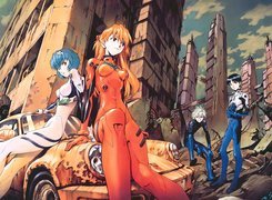 Neon Genesis Evangelion, ruiny, auto, ludzie