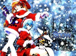 Neon Genesis Evangelion, snow, kobiety, choinka