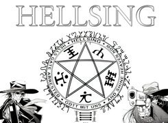 Hellsing, ludzie, pentagram, pistolet, kapelusz