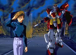 Gundam Wing, facet, miasto, robot, ruiny