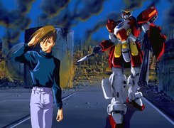 Gundam Wing, facet, miasto, robot, ruiny