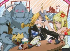 Full Metal Alchemist, robot, ludzie, kłótnia, klucz, dziewczyna, zwierzaki