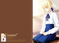 Fate Stay Night, Saber, kobieta, klęczy, spódnica, kokarda