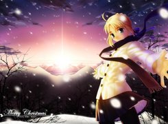 szalik, napis, góry, Fate Stay Night, dziewczyna