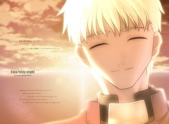 Fate Stay Night, zachód słońca, chłopak, woda, napisy