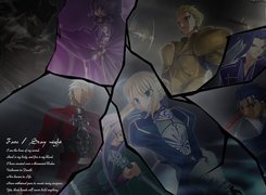 Fate Stay Night, zbite szkło, ludzie, postacie, napisy