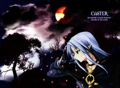 Fate Stay Night, noc, księżyc, kobieta, drzewa