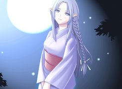 księżyc, Fate Stay Night, kimono, warkocz, kobieta