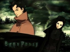 Ergo Proxy, niebo, zachmurzenie, płaszcz, dziewczyna, chłopak