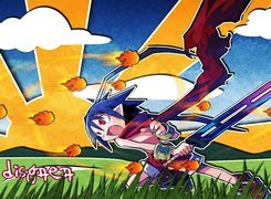 Disgaea, słońce, miecz, chmury, trawa