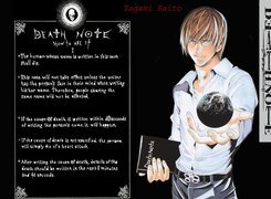 Death Note, chłopak, pasek, kula, książka, czaszka, kartka, napisy