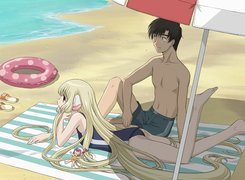 Chobits, plaża, parasol, dziewczyna, chłopak