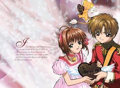 Cardcaptor Sakura, para, ludzie, napisy, serce, pluszak, skrzydełka