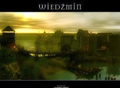 The Witcher, wioska, most, jezioro, chmury, słońce
