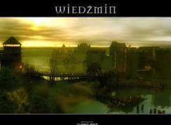 The Witcher, wioska, most, jezioro, chmury, słońce