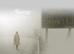 Silent Hill, mgła, droga, szyld, kobieta
