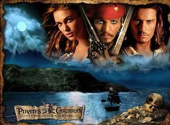 Piraci Z Karaibow Johnny Depp, Keira Knightley, Orlando Bloom, księżyc, woda