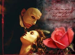 róża, Phantom Of The Opera, Gerard Butler, Emmy Rossum, maska, napis