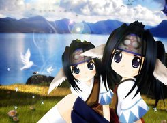 Utawarerumono, dziewczynki, woda, ptaki