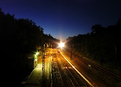 stacja, noc, światła, tory