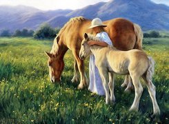 Konie, Kobieta, Rysunek