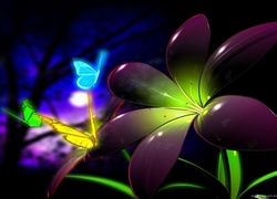 Kwiat, Motyle, Neon, 3D