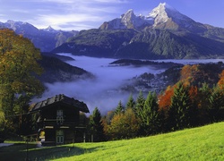 Bavaria, Niemcy, Mgła, Góry, Domek