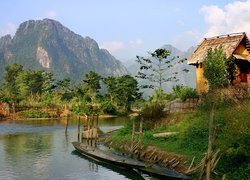Rzeka, Laos, Czółna, Chatka