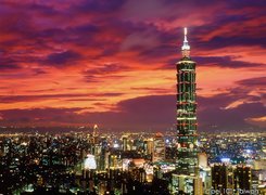 Tajwan, Taipei 101, Panorama, Noc, Światła