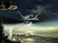 Morze, Fale, Noc, Zaćmienie, Księżyca