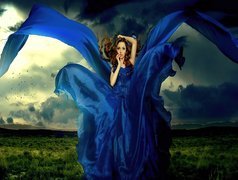 Kobieta, Niebieska, Suknia, Wiatr