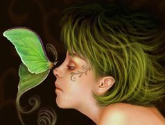 Kobieta, Zielone, Włosy, Tatuaż, Motyl