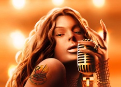 Śpiewająca, Kobieta, Mikrofon, Tatuaż