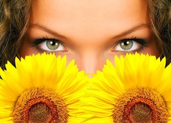 Twarz, Dziewczyny, Oczy, Dwa, Żółte, Kwiaty